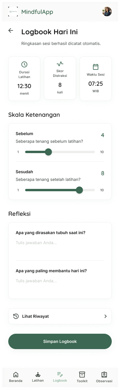 Tampilan logbook harian MindfulEdu